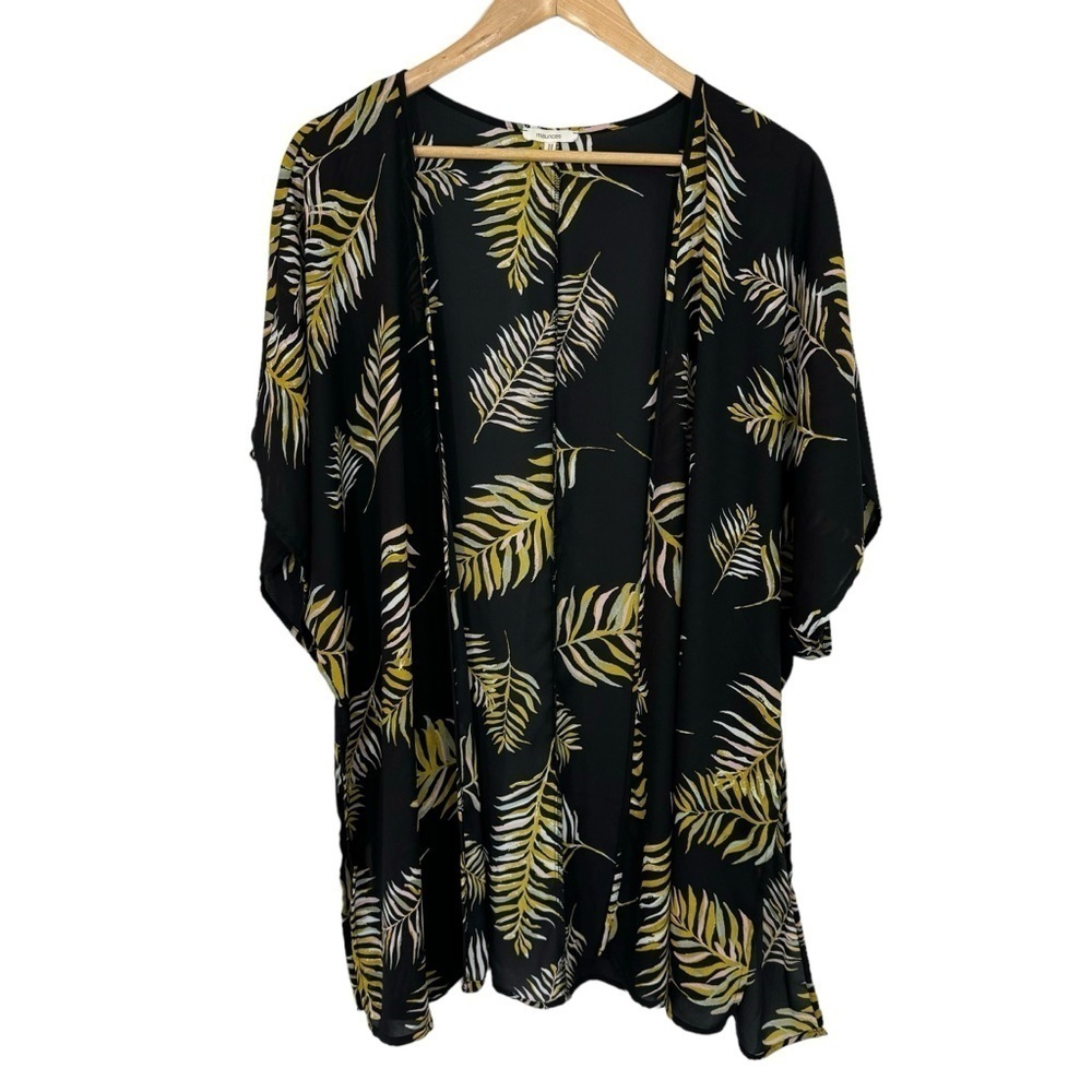 Maurices Dark Tropical Kimono XL Black Green Leaves Boho Casual Topper EUC